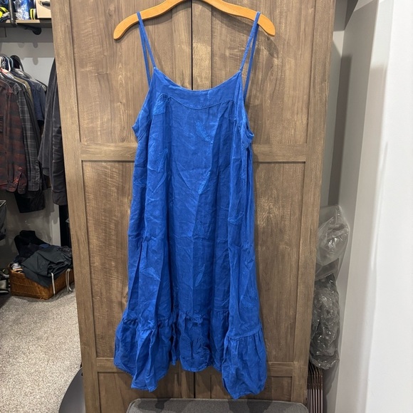 Pure Lino Linen Italy Dress Spaghetti straps blue embroidered - Picture 2 of 11